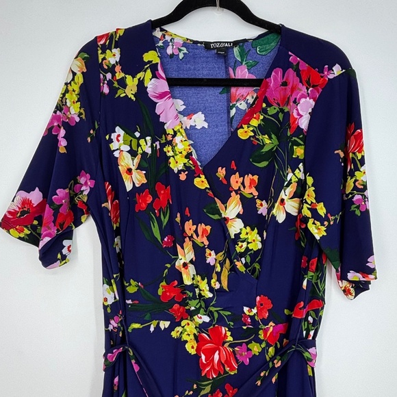 Roz & Ali Womens 1X Pullover Knit Dress Indigo Blue Multi Floral Elbow Sleeves - Picture 2 of 9